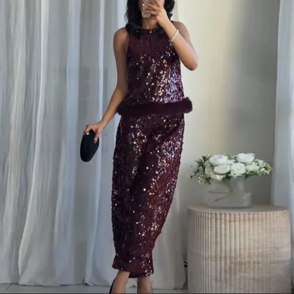 Zara Set Sequin Barrel Pants & Top With Faux Fur Hem NWT - Picture 6 of 16